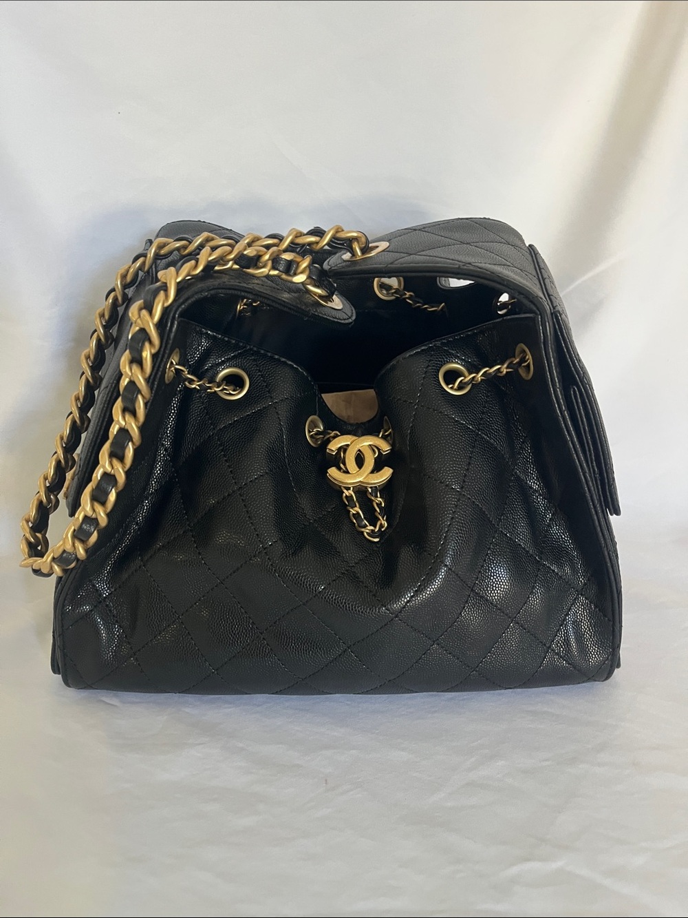 CHANEL Quilted Caviar Small 25 Bag Black Gold Hardware Like New